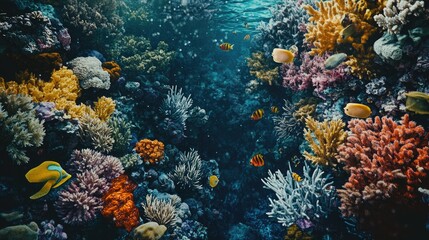 A vibrant underwater scene showcasing a coral reef teeming with life.
