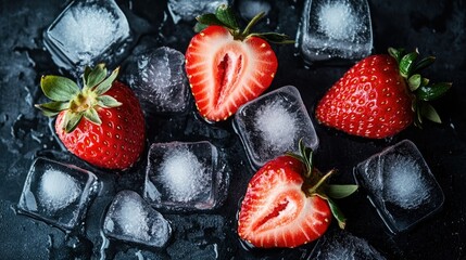 Three fresh strawberries partially immersed in clear ice cubes,