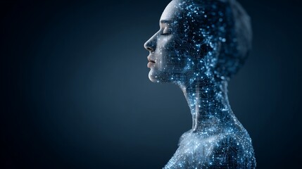 Woman's face with digital network overlay, symbolizing technology, against blue backdrop