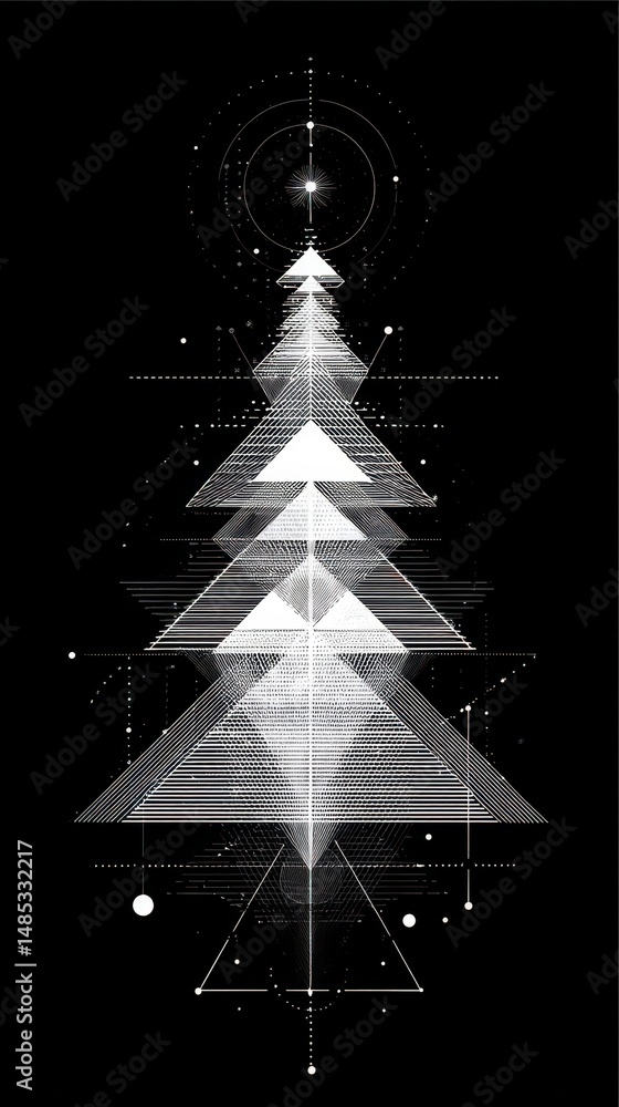 Poster abstract geometric design with layered pyramids on a dark background.