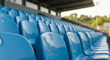 Fototapeta premium Rows of Empty Blue Plastic Seats in a Stadium, Outdoor Sporting Event Venue