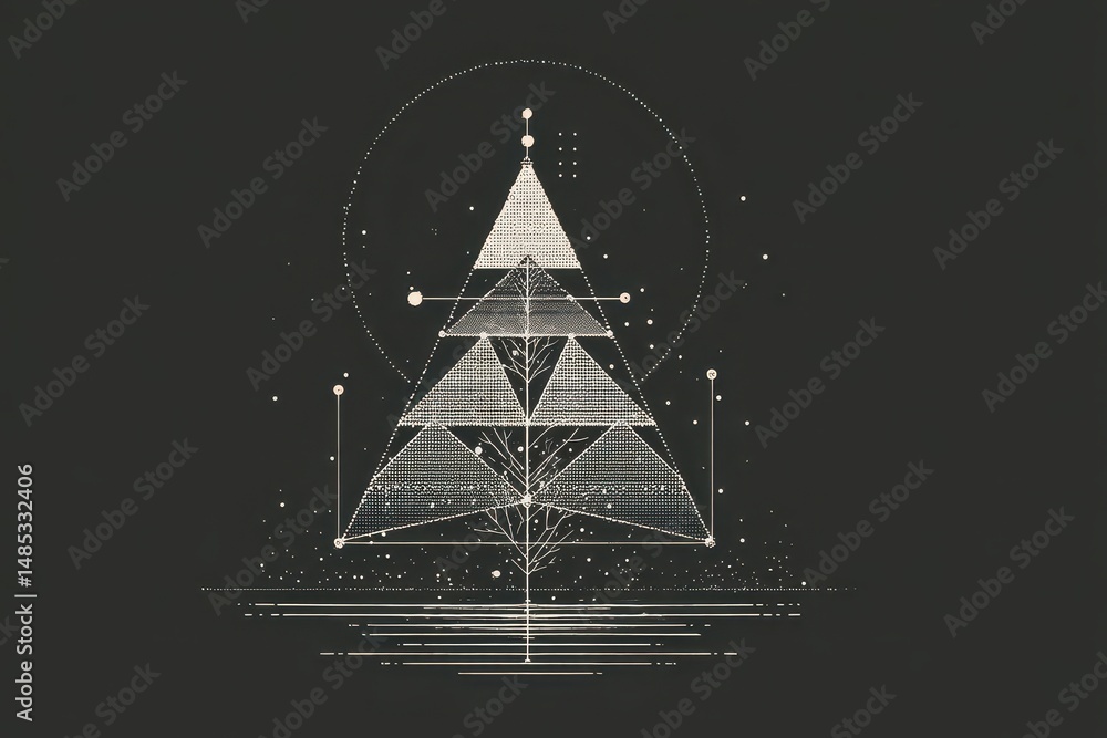 Poster abstract geometric design with layered triangles and light effects.