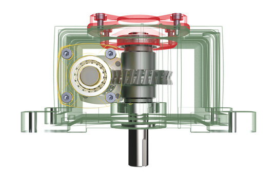 See-Through Diagram Gear Reduction Unit Revealing Internal Gears and Shafts, Cutaway Illustration of a Worm Gearbox Mechanism for Speed Reduction WPX WPA WPO WPDA WPDS WPKA WPKS on a PNG Transparent
