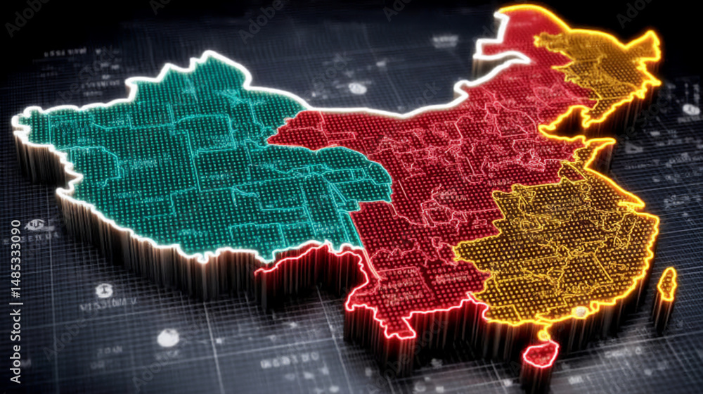 Poster futuristic and technological 3d rendering of a map of china