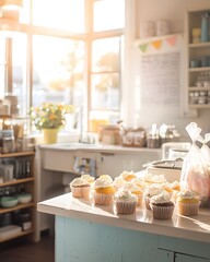 Kitchen with a counter full of cupcakes and a whiteboard with a list of items