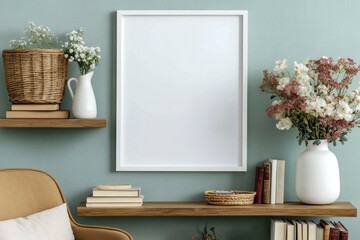 Empty Frame Decorated with Flowers and Bookshelf