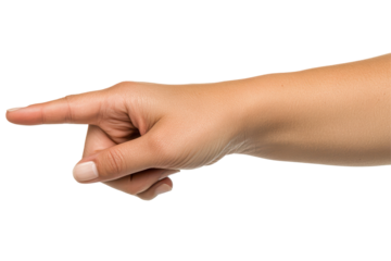Woman hand in touching or pointing position shown in transparent PNG on a bright white background