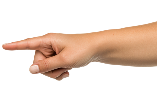 Woman hand in touching or pointing position shown in transparent PNG on a bright white background