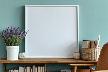 Empty Frame on a Wooden Shelf with Lavender