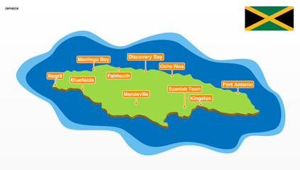 3d vector illustration of a colorful touristic map of Jamaica country shape