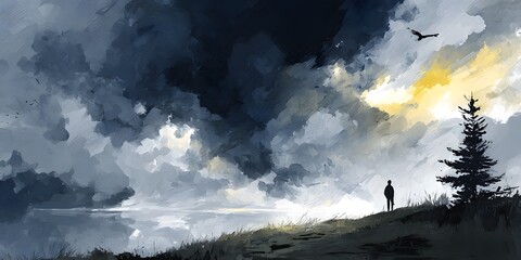 Solitary Contemplation at Dusk: A captivating digital painting portrays a lone figure standing atop a serene hill overlooking tranquil water under a dramatic sky.