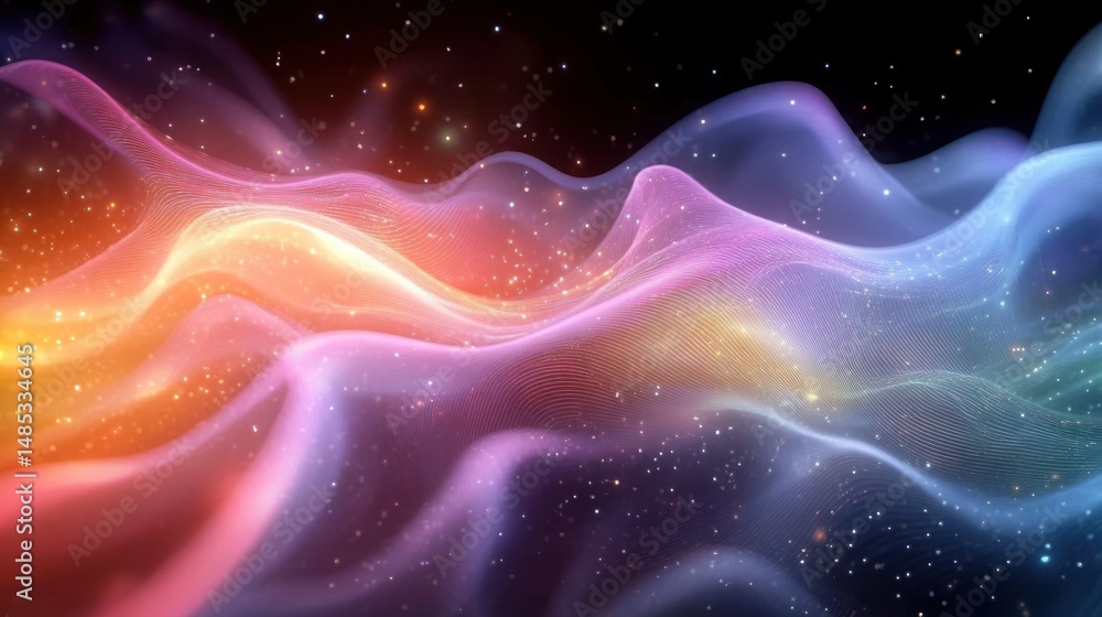 Poster colorful flowing wave-like mesh illuminated with glowing particles resembling a cosmic or abstract s