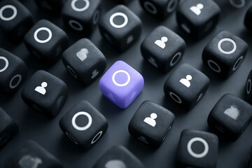 Unique Perspective Abstract Concept with Purple Cube among Black Cubes symbolizing individuality and standing out from the crowd.