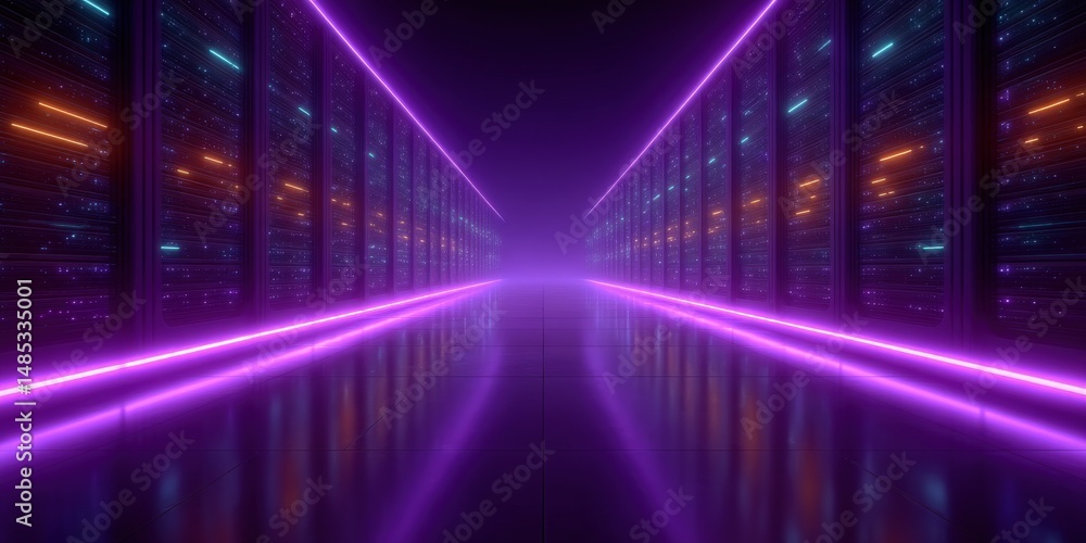 Poster futuristic data center corridor illuminated by vibrant neon lights and reflections creating a surrea