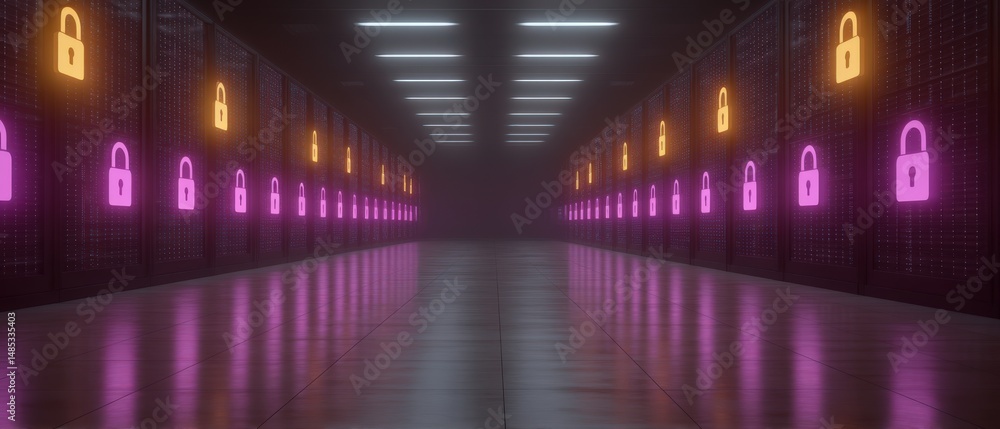 Poster an expansive corridor in a digital vault illuminated by vibrant pink and orange padlocks reflecting 