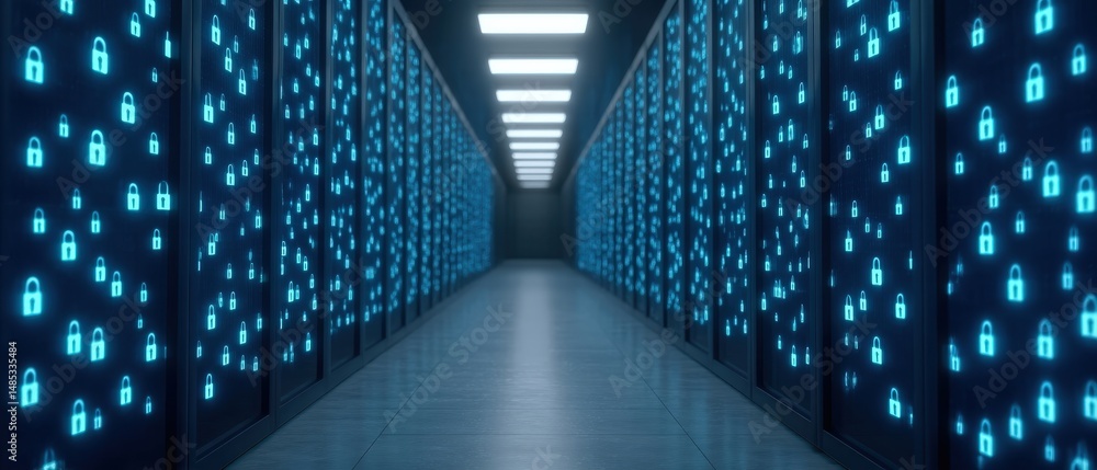 Poster digital security corridor illuminated by blue padlocks showcasing data protection technology in a hi