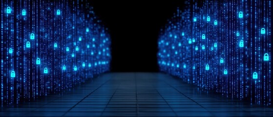 Digital security environment displaying glowing blue padlocks and binary code streaming on dark background symbolizing cybersecurity challenges and technological advancements in protective
