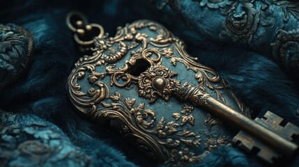 Obraz premium An ornate vintage key with intricate designs resting on luxurious fabric, showcasing details of craftsmanship and richness