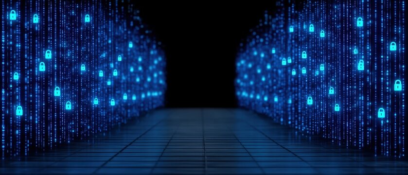 Digital security environment displaying glowing blue padlocks and binary code streaming on dark background symbolizing cybersecurity challenges and technological advancements in protective