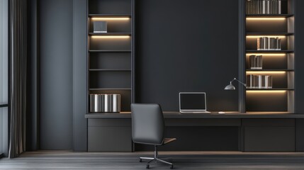 Modern Dark Office Interior Design with Built-in Bookshelves and Desk