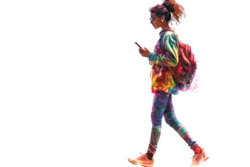 Walking woman checking smartphone shown in transparent PNG illustration style over plain white background