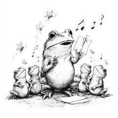 A whimsical illustration of a frog leading a chorus of other frogs.