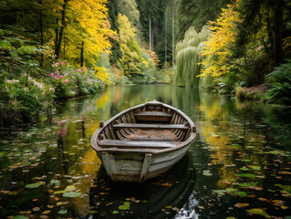Obraz premium peaceful image of a small wooden boat moored by the tranquil shore of a chinese lake surrounded by w