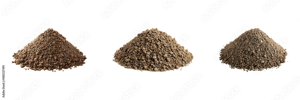 Poster three piles of soil set. gardening and agriculture material collection isolated on transparent backg