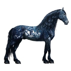 Fototapeta premium Majestic Dark Horse with Intricate Blue Design A Fantasy Equine Illustration.