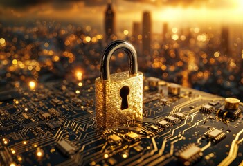 a golden padlock secures a complex circuit board against a blurred, glowing cityscape, symbolizing digital security and data protection.