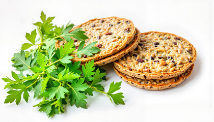 Crispbread with seeds and fresh parsley on white background  