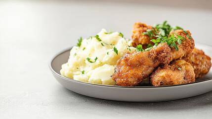 Delicious plate of fried chicken served with creamy mashed potatoes, garnished with fresh herbs, creating comforting meal