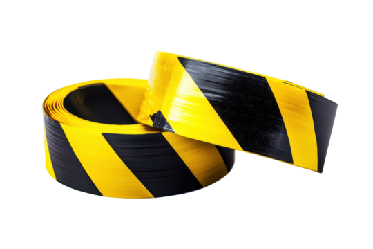 Caution tape with yellow and black stripes isolated in transparent png format on clean white background