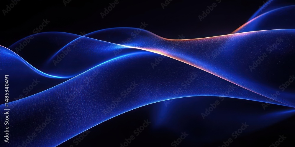 Poster smooth flowing blue waves with glowing edges creating an abstract, futuristic and tranquil digital l