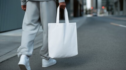 Naklejka premium Urban lifestyle with a blank canvas tote bag, effortlessly stylish and eco-friendly for everyday use. Perfect for customization, branding, or promoting sustainability.