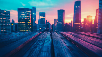 Fototapeta premium Cityscape backdrop from wooden planks in trendy color, night scene, cityscape view for presentation, modern metropolis environment, backdrop template