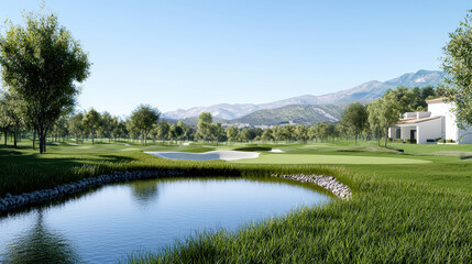 Photorealistic image of serene golf course featuring lush green grass, tranquil water, and distant mountains. scene evokes