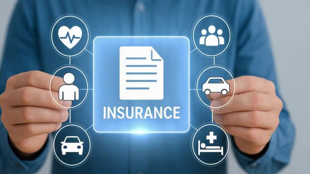 A person holding an insurance document with related icons for various coverages.