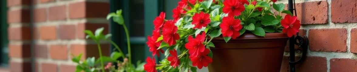 Trailing red geraniums cascade from a dark brown hanging planter set against a brick wall , summer, bloom