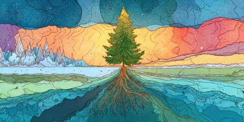 A Colorful Landscape Depicting a Majestic Tree