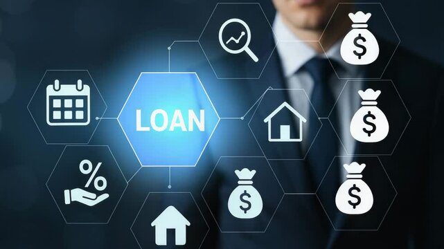 Businessman interacts with digital loan icons and financial graphics on a screen.