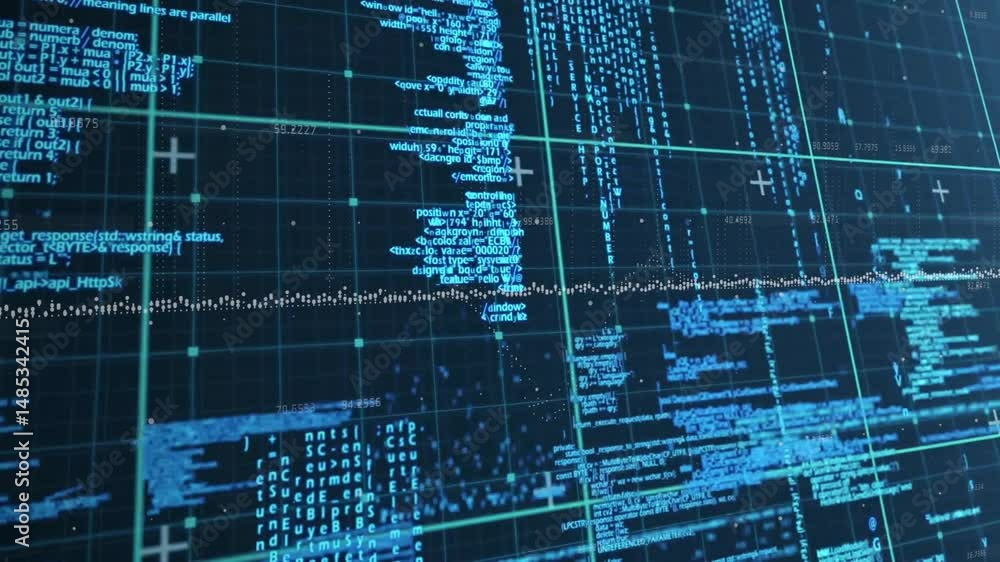 Poster digital code fragments flowing over dark grid in animated illustration, featuring central xml tags