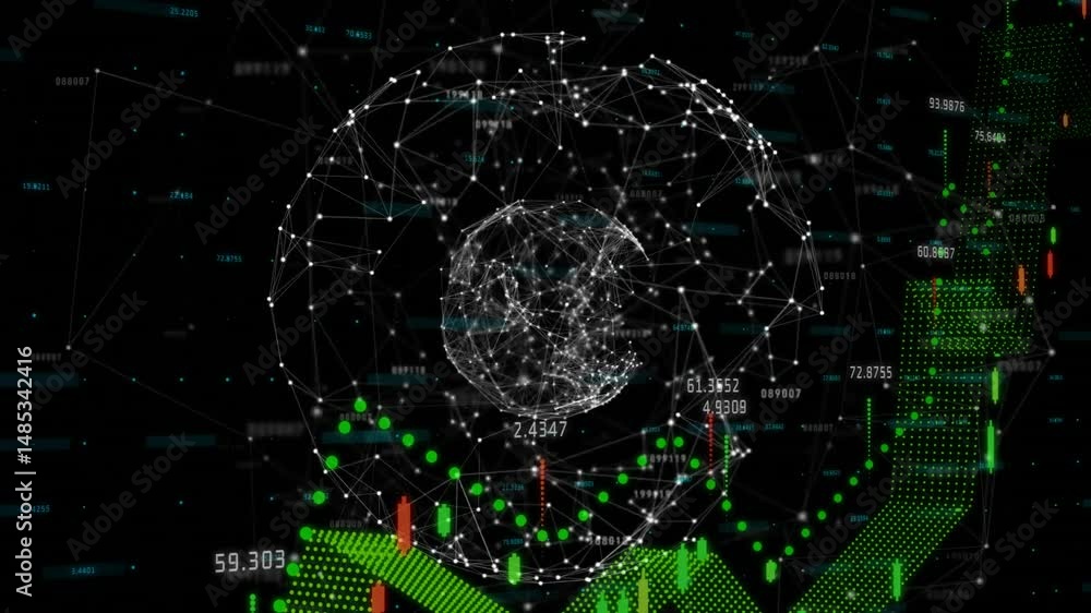 Poster data globe expanding on dashboard, showing nodes dancing with green candlestick chart labels