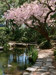 Serene Cherry Blossom Garden: A tranquil Japanese garden scene features a graceful cherry blossom tree in full bloom overhanging a serene pond, stone pathway and lush greenery.