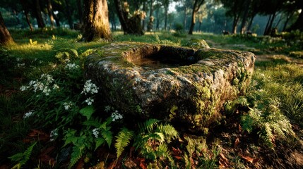 Naklejka premium Stone basin in forest sunlight