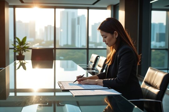 Executive Decision on AI Ethics: East Asian Woman, 40s, in Boardroom Setting, Reviews Compliance Reports via Advanced Glass Touchscreen Table