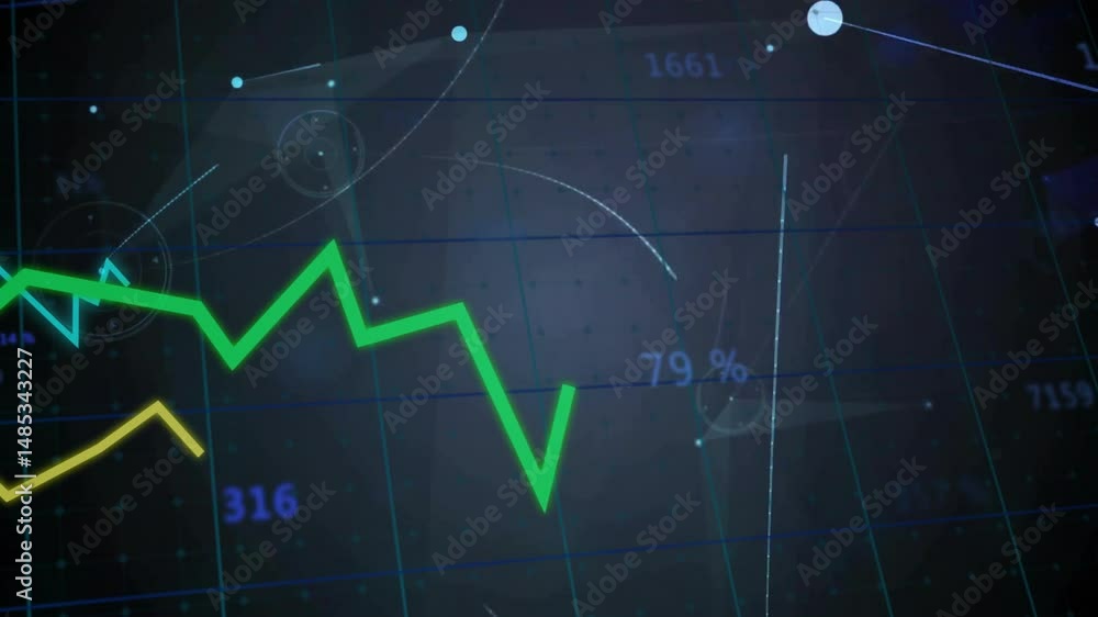 Poster data dashboard displaying green jagged line graph crossing yellow line with radar over teal grid