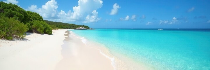 Naklejka premium Turquoise water laps pristine white sand at Long Bay, Anguilla , tranquil, calm