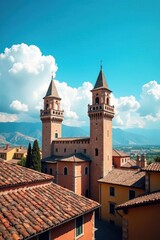 Fototapeta premium Tuscan towers pierce azure sky, medieval roofs , Italy, Tuscany