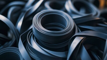 Close-up of coiled dark gray metallic strips.